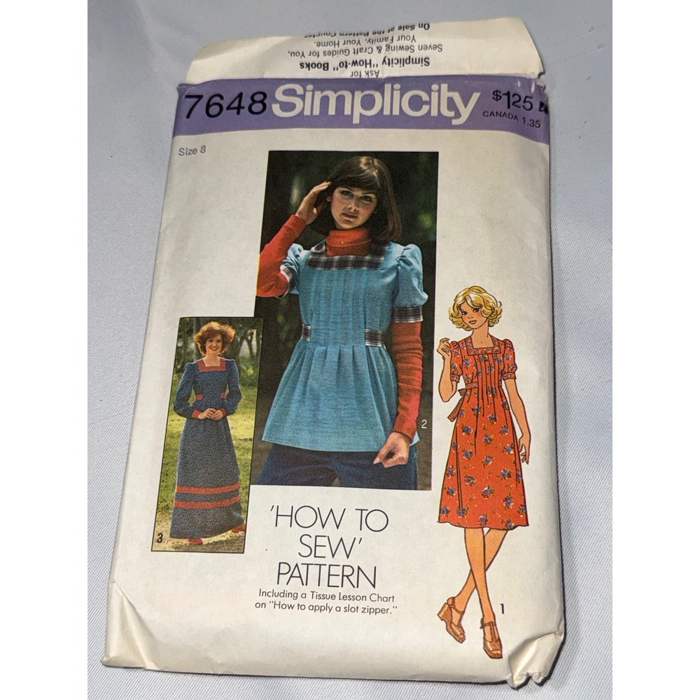 Vintage 1976 Simplicity 7648 Sewing Pattern Misses Dress Top Size 8 Retro 70s‎